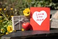 Self made card, white heart on red background, a gift box and a Royalty Free Stock Photo